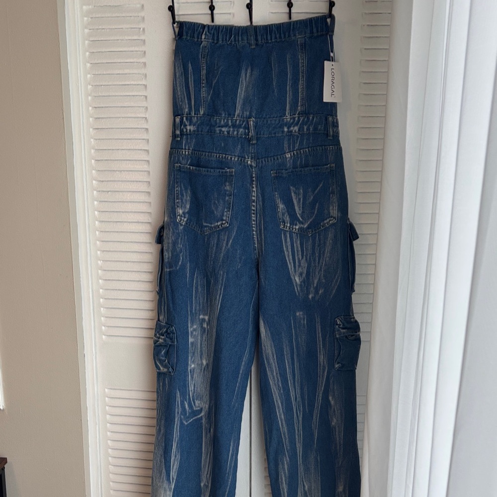 Loragal Denim Cargo Jumpsuit Strapless Wide Leg Y2K Utility NWT - Picture 8 of 16